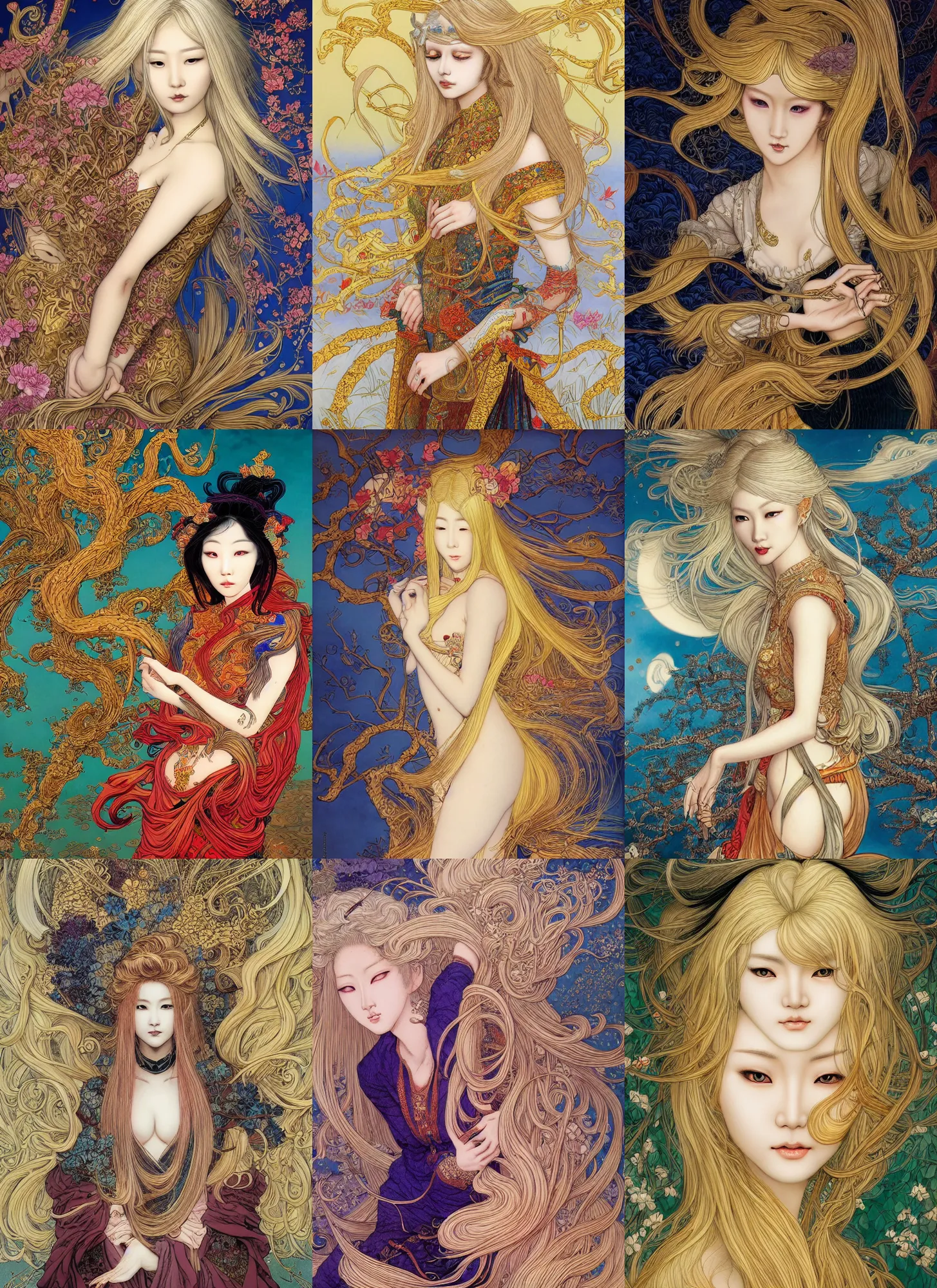 Prompt: surreal whimsical full length illustration of a beautiful asian woman with blonde hair in the art style of Eric Fortune and Rebecca Guay, sharp focus, 8k high definition, insanely detailed, intricate, elegant