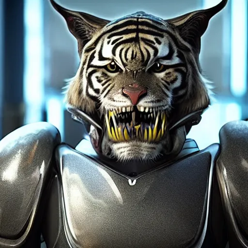 Image similar to a humanoid with cat-like features, yellow eyes, teeth that protrude past the lower lip (sort of like a saber-tooth tiger) and fine grayish fur on their faces and backs of their hands wearing futuristic alien armor and carrying weapons, octane,