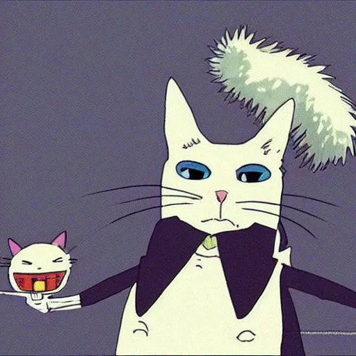 Image similar to “ angry cat wearing a suit riding a bike, studio ghibli, spirited away, anime, by hayao miyazaki ”