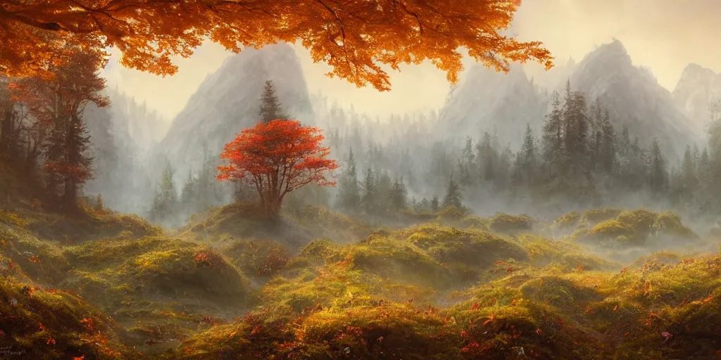 Prompt: Beautiful hyperrealistic detailed matte painting of a Landscape of dense colorful heaths on a huge clearing on the lost Vibes in the foreground and band of mountains overwhelmed in the forest in the background, in the morning on autumn, cold, light fog, by andreas rocha and john howe, and Martin Johnson Heade, featured on artstation, featured on behance, golden ratio, ultrawide angle, f32, well composed, cohesive.69:1