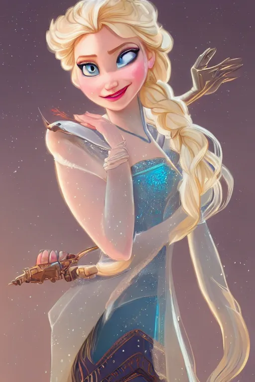 Image similar to elsa from frozen as steampunk cyborg princess, blonde hair, high fantasy, dnd, smooth, sharp focus, illustration, highly detailed, digital painting, artstation, concept art, by disney animation, rossdraws, alphonse mucha, frank fanzzeta, collectible card art