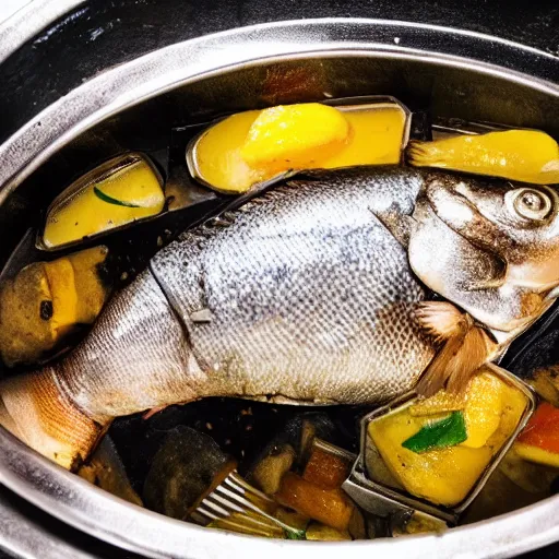 Prompt: a fish on the top of a pile of fish, inside a cooking pot