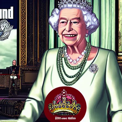 Prompt: queen Elizabeth in GTA v poster