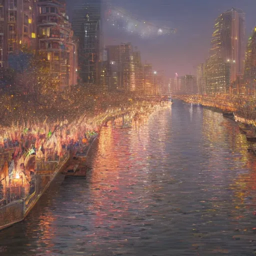 Image similar to concept art, river lanterns on the eve of ullambana festival, high resolution, by james gurney, king sejong, yi jeong, yi jing, artstation