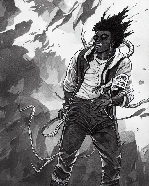 Prompt: a very detailed pencil drawing of kodak black in demon slayer manga panel, action lines, greg rutkowski, in field high resolution, dynamic pose, landscape, medium portrait, action, hyper realistic, manga, koyoharu gotouge, sakuga