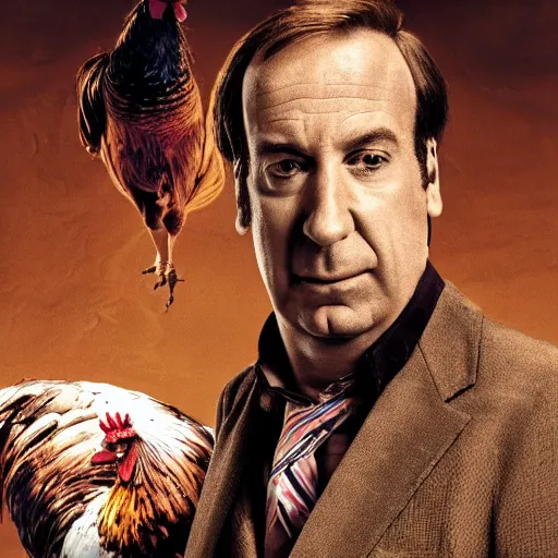 Image similar to saul goodman and a rooster in a saw movie torture chamber, saw movie jigsaw background, saul goodman, rooster, photo