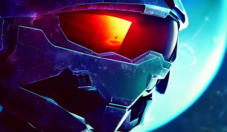 Image similar to cyberpunk halo helmet on space, planet behind, close shot, reflection, epic, dramatic, cinematic, award winning, ultra detailed, realistic, 8k,