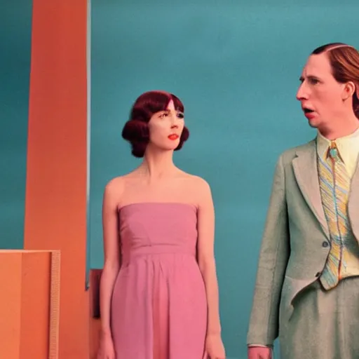 Prompt: film still from surreal arthouse film, avant garde, wes anderson color palette, unusual lighting choices, award winning set design