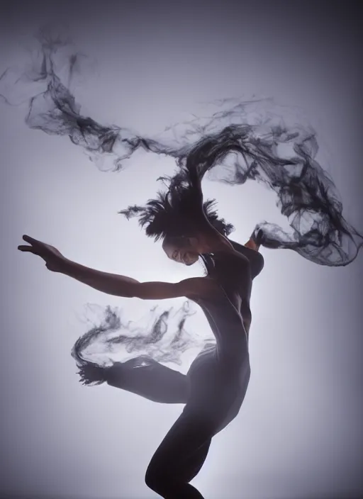 Image similar to a Photorealistic dramatic hyperrealistic render of a beautiful Female smoke dancer by Ken Brower and Deborah Ory of NYC Dance project,Lois Greenfield,Flowing cloth and smoke,Beautiful dynamic dramatic dark moody lighting,volumetric,shadows,cinematic atmosphere,Octane render,8K