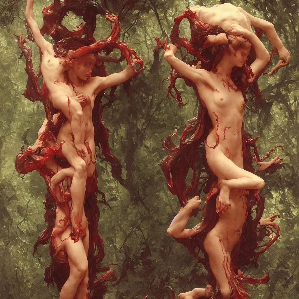 Image similar to grotesque veiny glossy wet gory nightmare fungus demon god. uhd, amazing depth, cinematic lighting, levitating floating fungus god with arms outstretched. by artgerm and greg rutkowski and alphonse mucha and william - adolphe bouguereau.