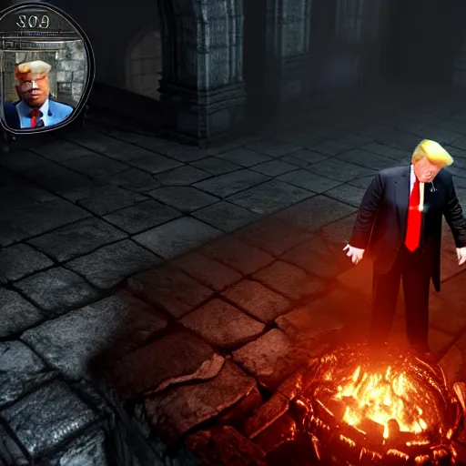 Image similar to donald trump in dark souls, sen's fortress, ps 5 screenshot, isometric view, third person gameplay, 3 d render, cryengine, highly detailed