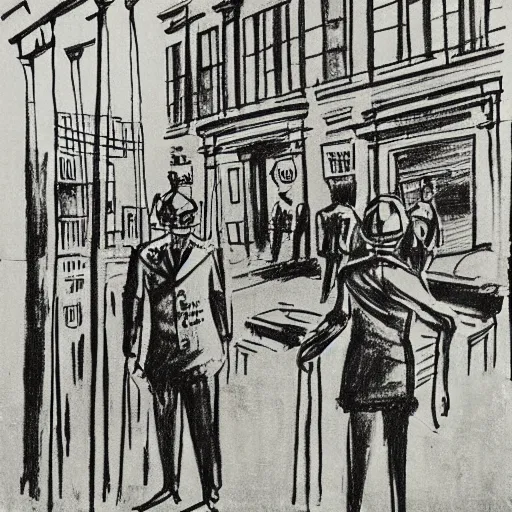 Prompt: The drawing depicts a police station in the Lithuanian city of Vilnius. In the foreground, a group of policemen are standing in front of the building, while in the background a busy street can be seen. screen printing by Heinrich Kley, by Wilfredo Lam daring, evocative