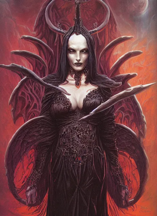 Image similar to demon sorceress by gerald brom, dark fantasy, oil painting, intricate detail, elegant, sharp focus