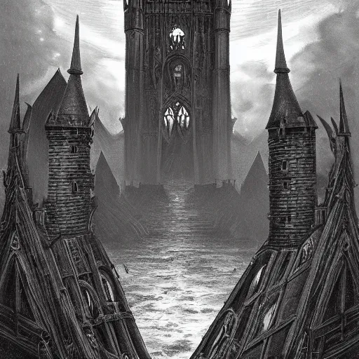 Image similar to an ultra detailed black and white tarot card of a lonely and impossibly tall ominous gothic dark citadel tower of the evil patriarch, battlements, castle wall, portcullis, in a river elevated high above the city, scary gothic architecture, ultrawide lense, aerial photography, exquisite detail, 8 k, art by greg rutkowski and alphonse mucha