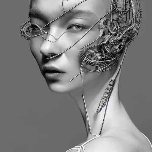 Image similar to closeup portrait of an absurdly beautiful, graceful, sophisticated, fashionable cyberpunk mechanoid gravure idol, an ultrafine hyperdetailed illustration by irakli nadar, matt wisniewski style, fashion photography, intricate linework, porcelain skin, jellyfish headset, unreal engine 5 highly rendered, global illumination, radiant light, detailed and intricate environment