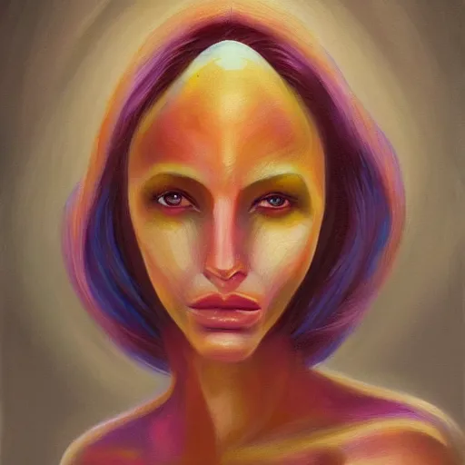 Prompt: a beautiful Pleiadian human-alien hybrid woman, oil painting, featured on artstation