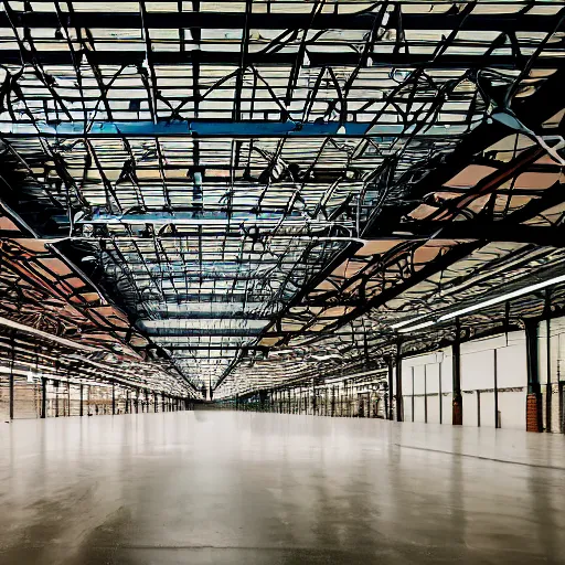 Prompt: professional photograph of industrial warehouse with bright overhead lights, and a forest growing inside of it
