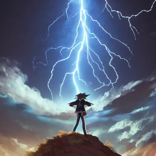 Prompt: an epic anime of a man surrounded by lightning bolts, big jacket, ghibli, unreal 5, octane render, rpg portrait, dynamic lighting, epic, epic anime, 2 d
