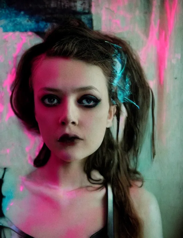 Image similar to portrait of girl with smokey eyes makeup in abandoned hotel, dressed in leather suit, neon light, wide high angle coloured polaroid photograph with flash, kodak film, hyper real, stunning moody cinematography, with anamorphic lenses, by maripol, fallen angels by wong kar - wai, style of suspiria and neon demon and children from bahnhof zoo, detailed