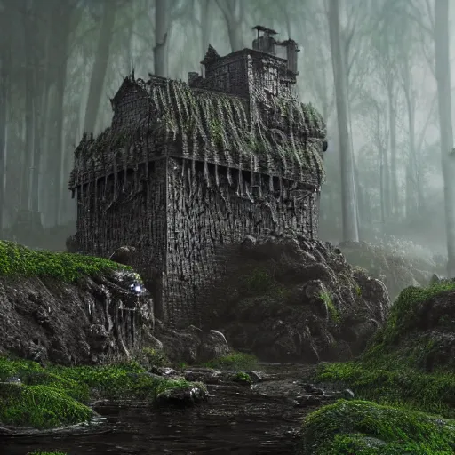 Image similar to full body pose, hyperrealistic photograph of the black keep of rotbog swamp, dim volumetric lighting, 8 k, octane beautifully detailed render, extremely hyper detailed, intricate, epic composition, cinematic lighting, masterpiece, trending on artstation, very very detailed, stunning, hdr, smooth, sharp focus, high resolution, award, winning photo, dslr, 5 0 mm