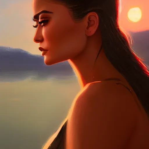 Image similar to a closeup portrait of a kylie jenner, dramatic light, lake background, sunset, dark, painted by stanley lau, painted by greg rutkowski, painted by stanley artgerm, digital art, trending on artstation