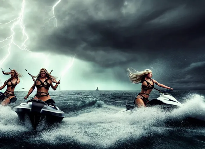 Image similar to dramatic photo of viking women with weapons riding on jet skis, wearing skin - tight futuristic valkerie bikinis, rough seas in background, lightning storms, water world, mad max, hyper - realistic, highly detailed, accurate, 8 k octane render, 2 8 mm, wide angle, rule of thirds