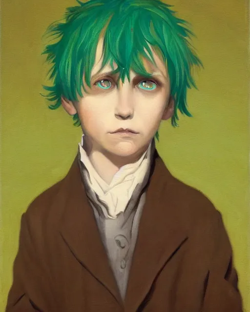 Image similar to a contemporary painting of a portrait of a boy with mintgreen hair and two devil horns and an eye patch by Caspar David Friedrich, Trending on ArtStation, brown blue color scheme