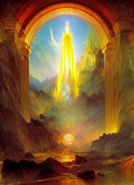 Prompt: a beautiful view of the temple of light, art by thomas moran and frederic edwin church