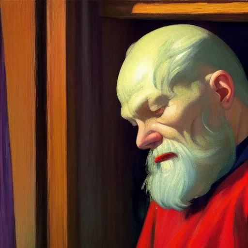 Prompt: A beautiful close-up of an old medieval man, digital art by Edward Hopper, vibrant color scheme, highly detailed, in the style of romanticism, fine Art, high detail, great lighting, 8k resolution, masterpiece, concept art, illustration, clear eyes, soft lighting, soft details, painting oil on canvas, octane render, HDR, trending on artstation, 4k, 8k, HD