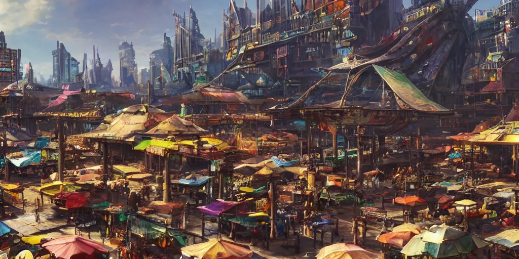 Prompt: screenshot of a vibrant marketplace in a massive makeshift city, dappled light, colossal arcing metal structures high in the sky, beautiful, awe inspiring, fps, matte painting, cinematography, cinematic masterpiece