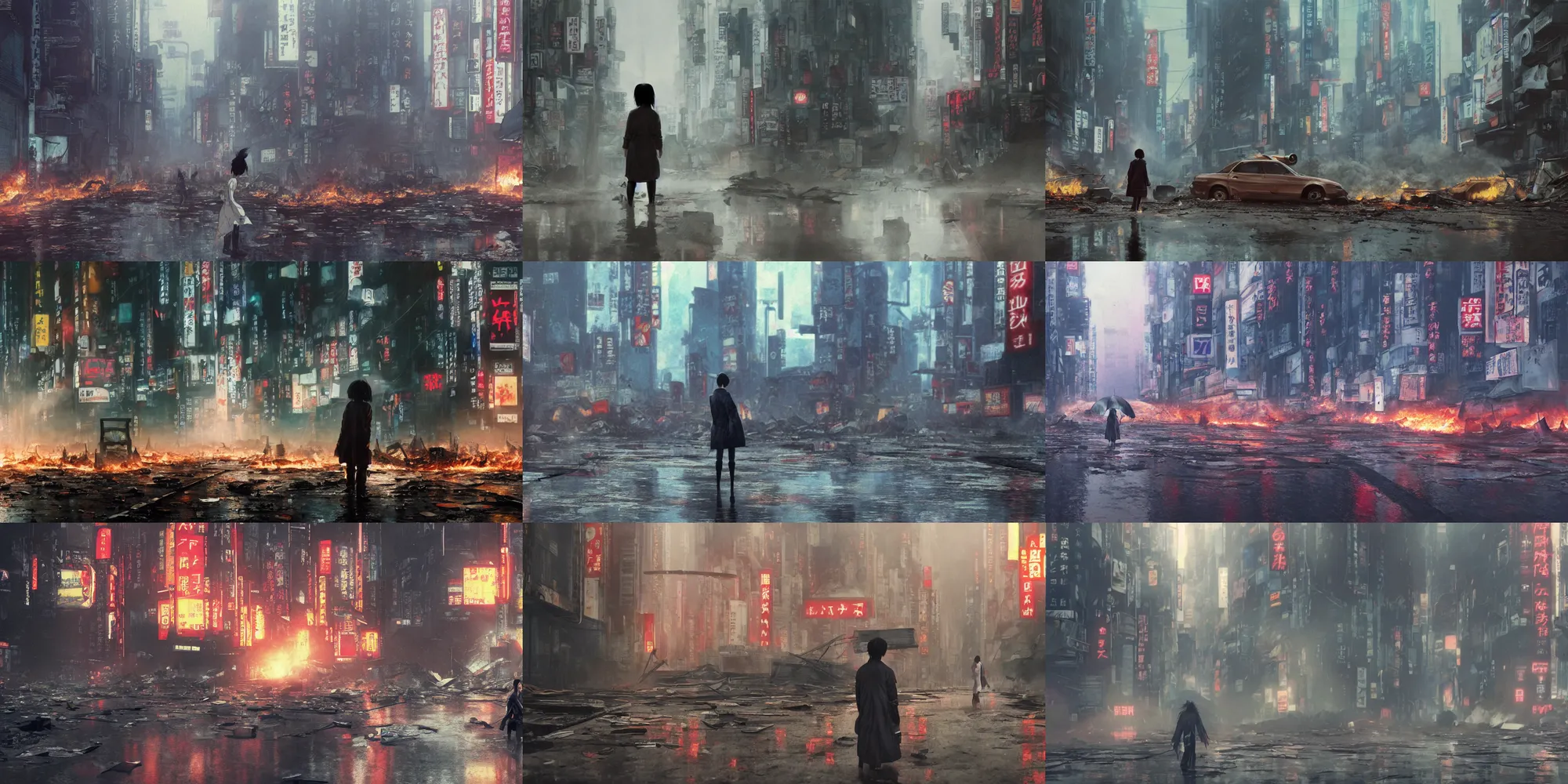 Prompt: incredible wide screenshot, ultrawide, simple water color, paper texture, katsuhiro otomo ghost in the shell movie scene, backlit death defying action shot girl in parka, wet dark road, parasol in deserted junk pile shinjuku,, earthquake destruction, reflection, thick fog, smoke, destroyed robots, blazing fire, burning bus crash inferno