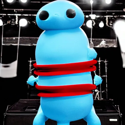 Image similar to a small smooth blue creature in the shape of a sausage stands on a huge microphone on the stage