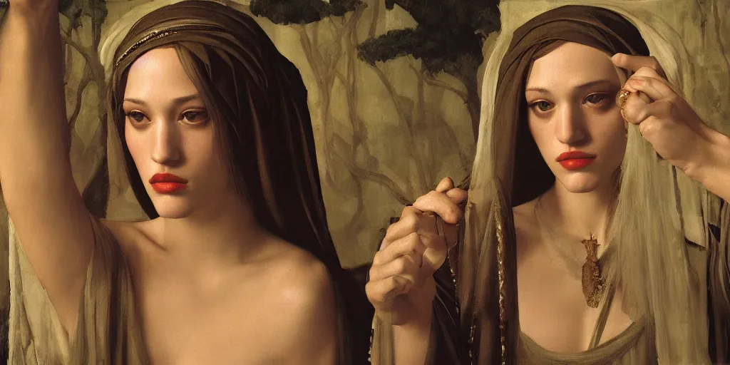 Prompt: Concept Art of cinematography of Terrence Malick film stunning portrait of featuring Kat Dennings as an ancient babylonian priestess, by Monia Merlo by Michelangelo da Caravaggio