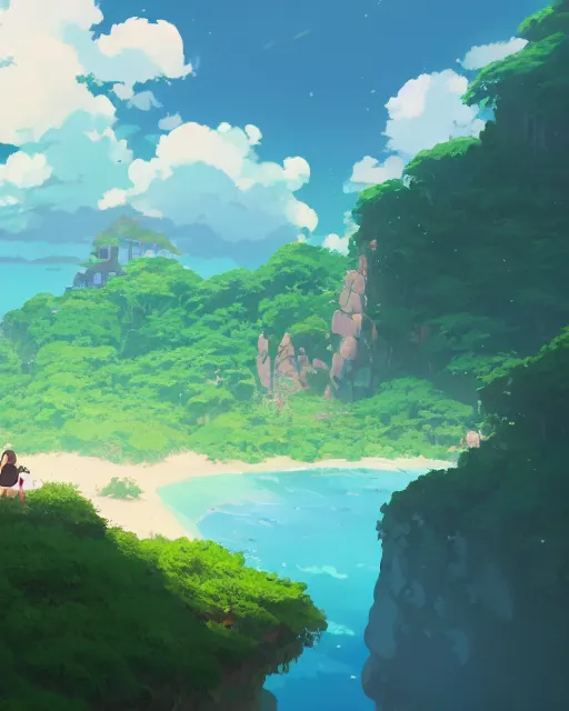 Image similar to a forgotten island with lush vegetation, beautiful clouds, azure water, cory loftis, james gilleard, atey ghailan, makoto shinkai, goro fujita, studio ghibli, rim light, exquisite lighting, clear focus, very coherent, plain background, soft painting