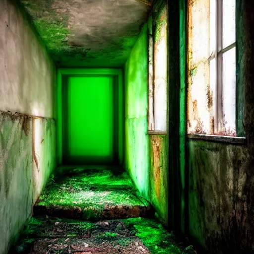 Image similar to a glowing green coffin inside a dilapidated hallway, soft light, cinematic