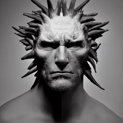 Prompt: portrait of zinogre - human hybrid, head and shoulders shot, by annie leibovitz, portrait of a man, studio lighting