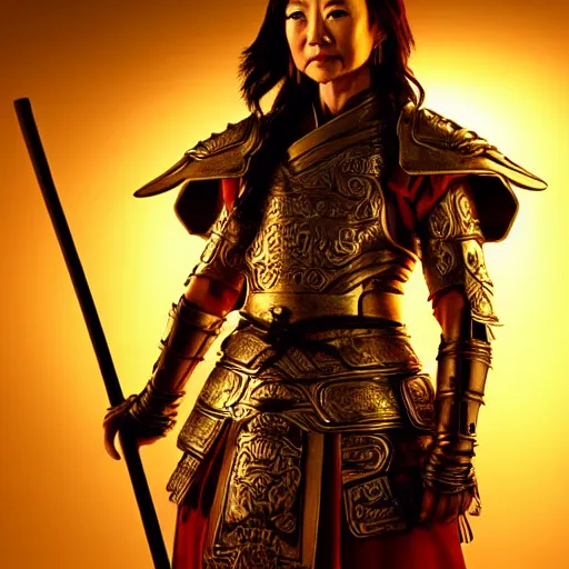 Prompt: ming na wen in samurai armor, atmospheric lighting, painted, intricate, golden hour, ultra detailed by royo