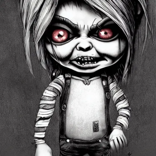 Image similar to grunge cartoon drawing of a cute chucky by - michael karcz , in the style of corpse bride, loony toons style, horror themed, detailed, elegant, intricate