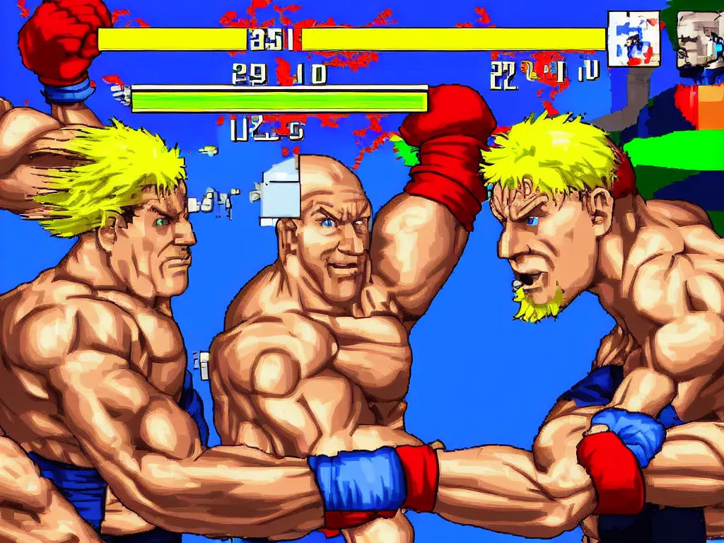 Prompt: streetfighter 3 game screenshot of joe biden versus vladimir putin about to fight, vibrant colors, pixel graphics, camcom style art