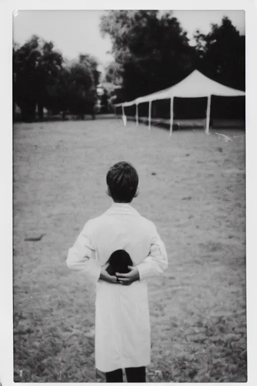 Image similar to photo polaroid of a sad and lonely child in a white coat and barefoot stands in the middle from behind the camera many big tents of field hospitals, pandemic, covid, loneliness, black and white ,photorealistic, 35mm film,