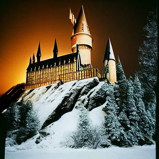 Image similar to 1 9 9 0 s photograph of hogwarts castle at nighttime, snow covered, womping willow is visible.