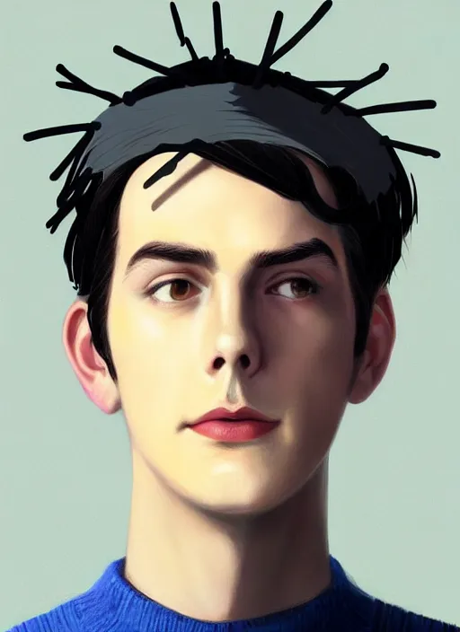 Image similar to portrait of teenage jughead jones wearing a light grey crown, crown, blue turtleneck, 1 9 5 0 s, closed eyes, photorealistic, black hair, glowing lighting, intricate, elegant, glowing lights, highly detailed, digital painting, artstation, concept art, smooth, sharp focus, illustration, art by wlop, mars ravelo and greg rutkowski