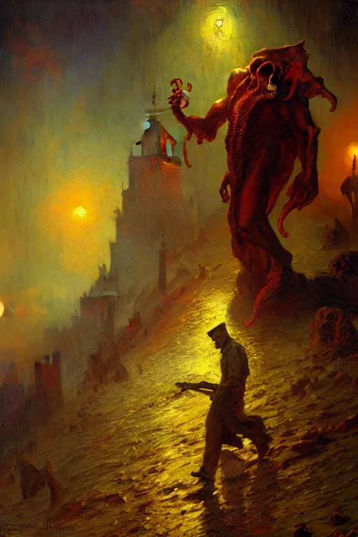 Prompt: the call of cthulhu painting by gaston bussiere, craig mullins