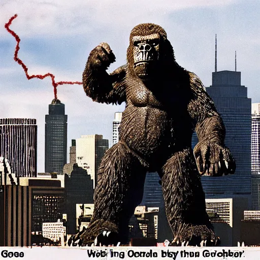 Image similar to george w bush as king kong fighting osama bin ladin as godzilla, george bush is fighting osama bin laden, in front of the world trade centers, with two airplanes in the sky