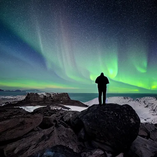 Image similar to 4K Epic Ultra HD detailed award-winning wallpaper silhouette of lonely man standing on rock looking at huge vast sky universe Milky Way aurora