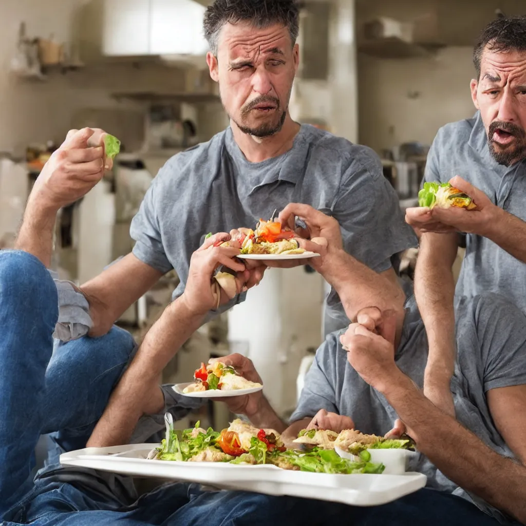 Image similar to A man looking in disgust at his lunch