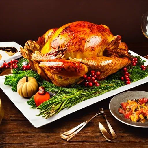 Image similar to delicious thanksgiving feast, food photography, award winning, highly detailed, high quality, high resolution