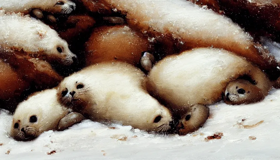 Prompt: highly detailed closeup painting of cute furry white baby seals in a pile of jam pancakes in the snow by william turner, by greg rutkowski, by william constable, thick brush strokes and visible paint layers, 4 k resolution