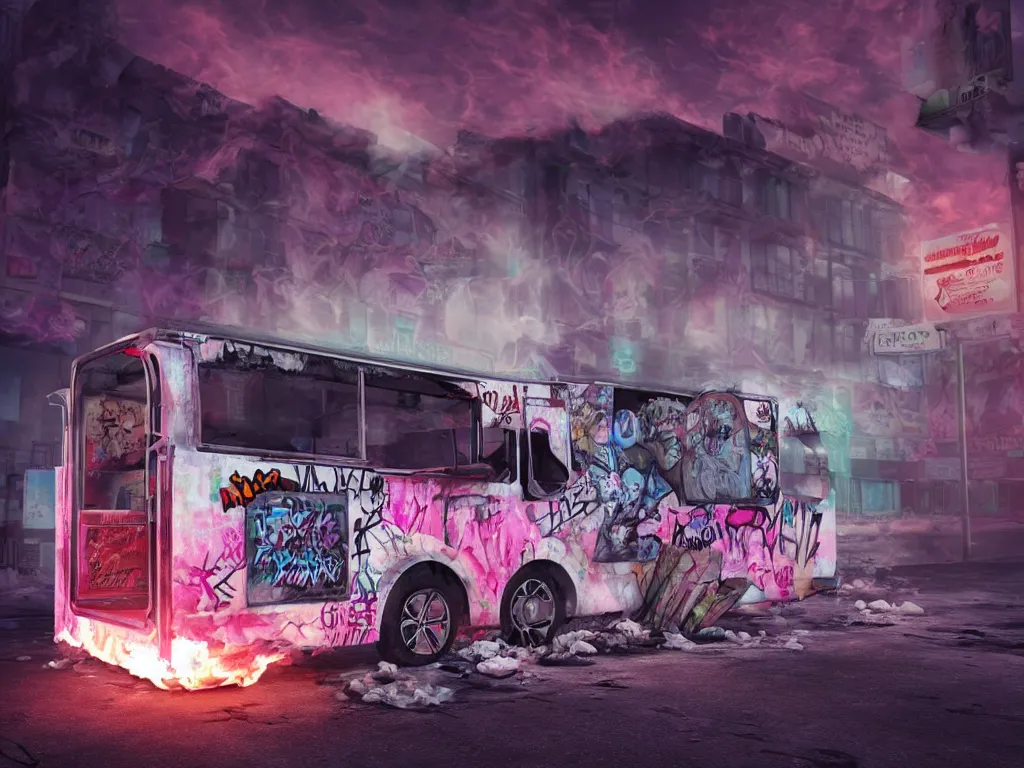 Image similar to graffiti covered Ice cream truck on fire at night, vapor wave, volumetric lighting, haunting atmosphere, gothic, photorealistic, hyperdetailed 3D render, hyperrealism, hyperrealistic, cinematic, silent hill, horror style