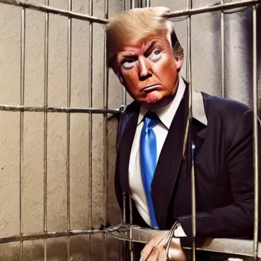 Image similar to donald trump behind bars in the style of an old western film, sad face, pouting